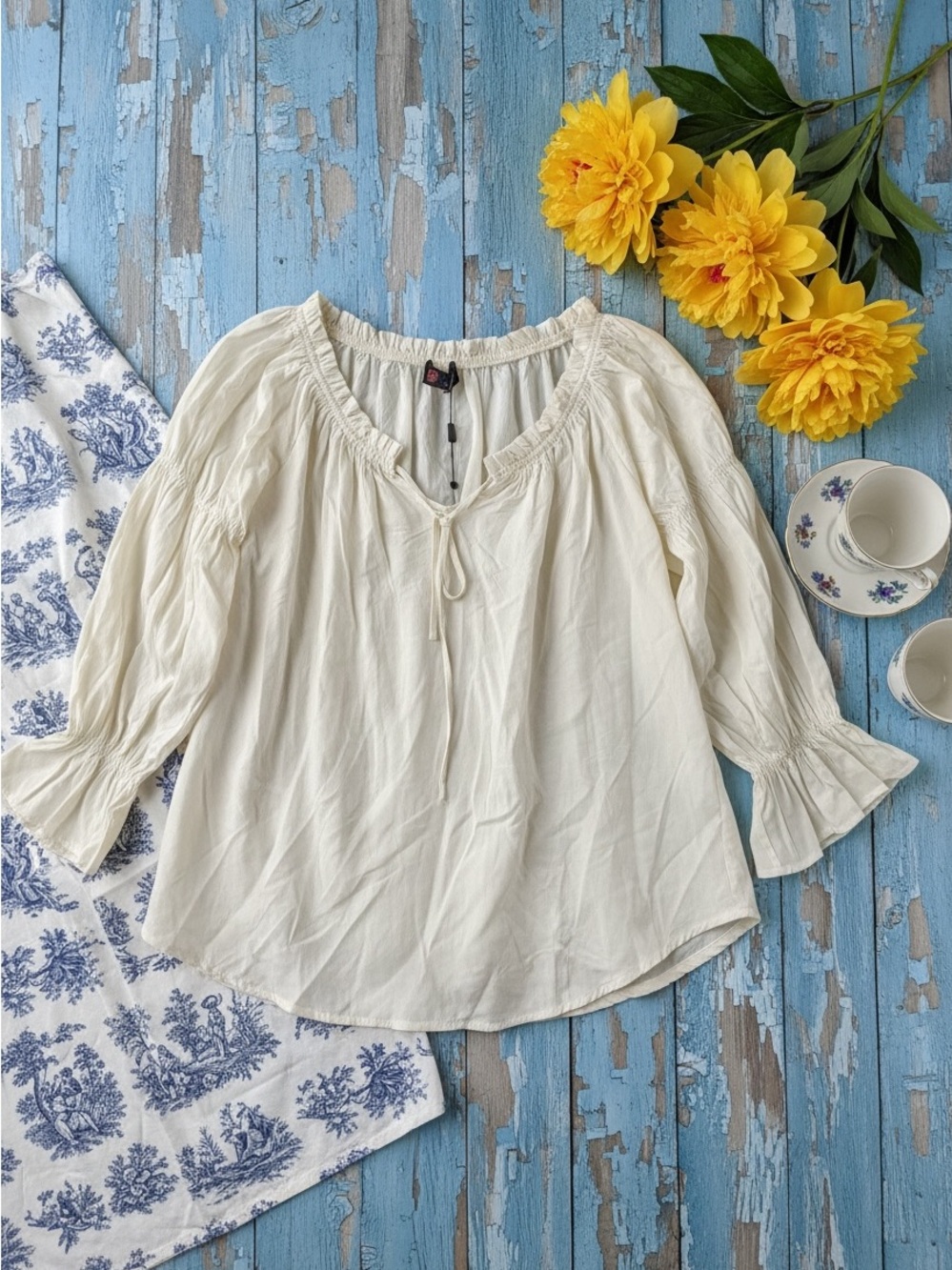Kancy Kole Women's Cream Peasant Blouse with Tie Front